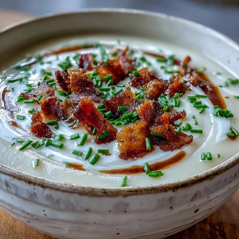 A spoon dips into velvety Creamy Celeriac Soup with Crispy Bacon, garnished with chives and a swirl of cream.