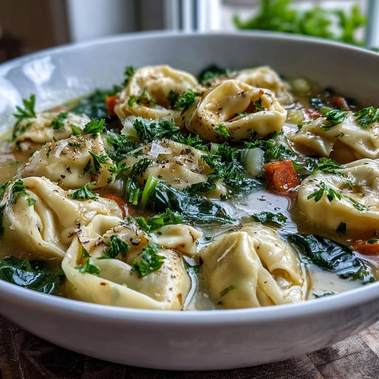 Hearty Easy Tortellini Soup With Chicken Broth simmers with carrots and spinach in a rustic pot.