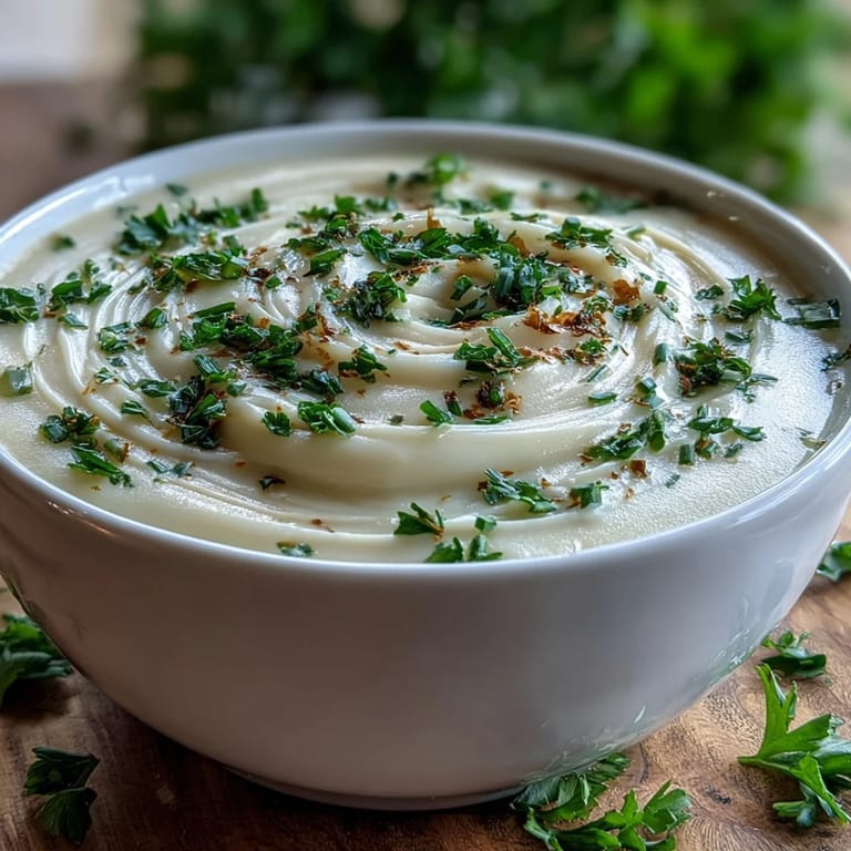 Warm bowl of Creamy Celery Root Bisque, an elegant French soup with a velvety, pale green texture.