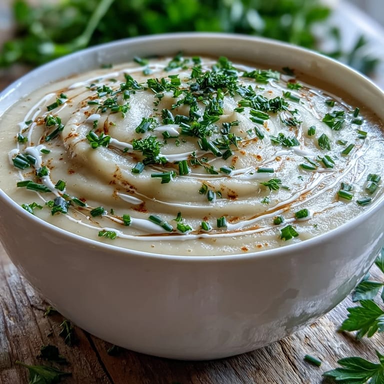 Smooth Creamy Celery Root Bisque ladled from a pot, served as a refined starter with crusty bread.