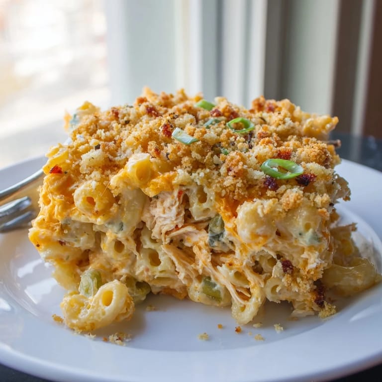 Baking dish filled with rich Buffalo Chicken Dip Mac and Cheese, garnished with scallions.  