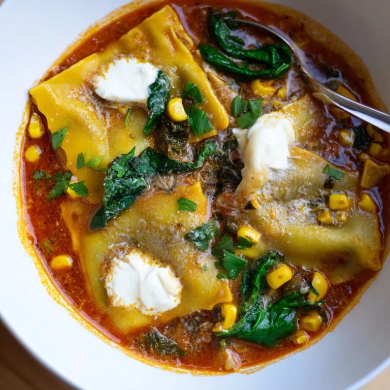 Colorful Lasagne Soup with Sweet Corn Masala nestled in a rustic soup bowl.