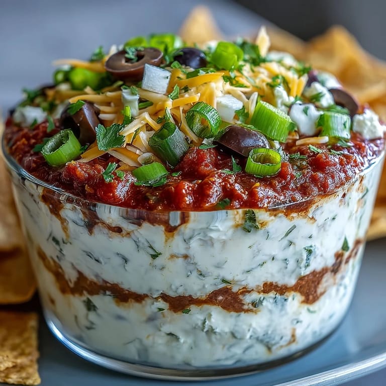 Four-Way Layered Dip topped with shredded cheddar, sliced black olives, and fresh diced tomatoes, ready to serve with crunchy tortilla chips.
