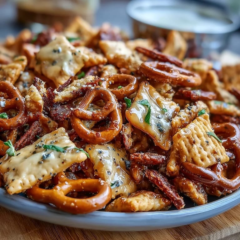 Warm Everything Ranch Cheese and Pretzel Snack Mix served in a rustic wooden bowl, garnished with fresh parsley for a party-ready snack.