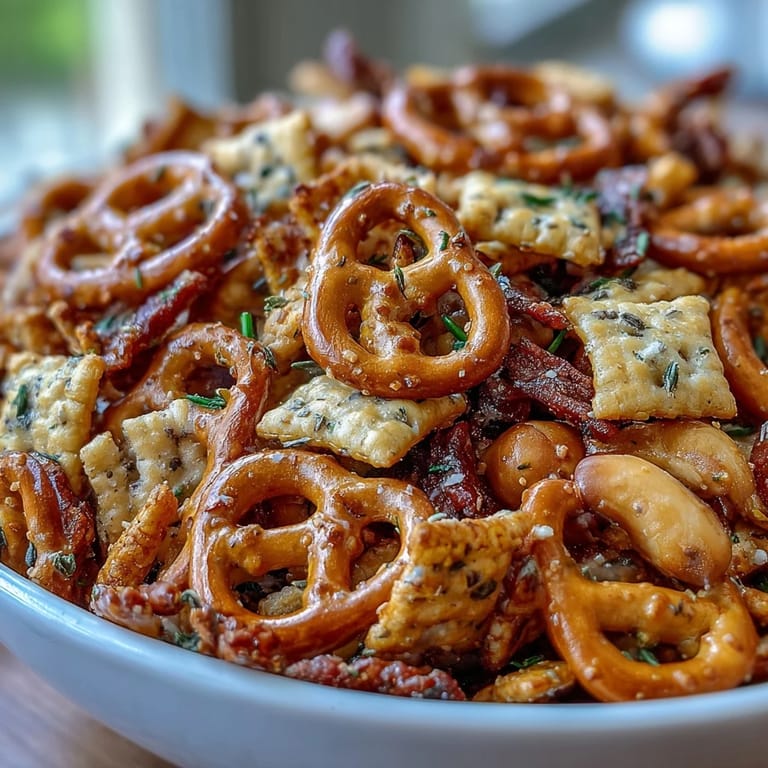 Close-up of Everything Ranch Cheese and Pretzel Snack Mix showcasing seasoned pretzels and cheesy crackers glistening with melted butter and spices.