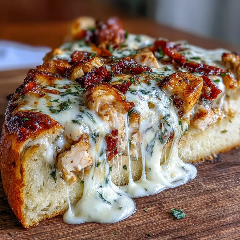 Golden-brown Marry Me Chicken Pizza sits on a wooden board, topped with torn basil leaves, ready to serve.