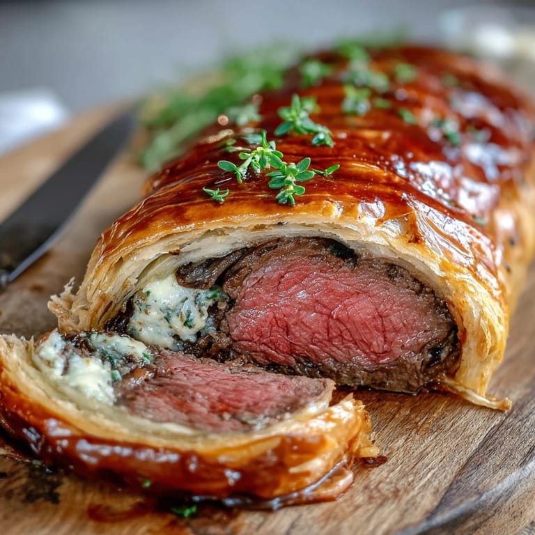 Freshly prepared Beef Wellington garnished with thyme, resting beside a glass of red wine for a special occasion.