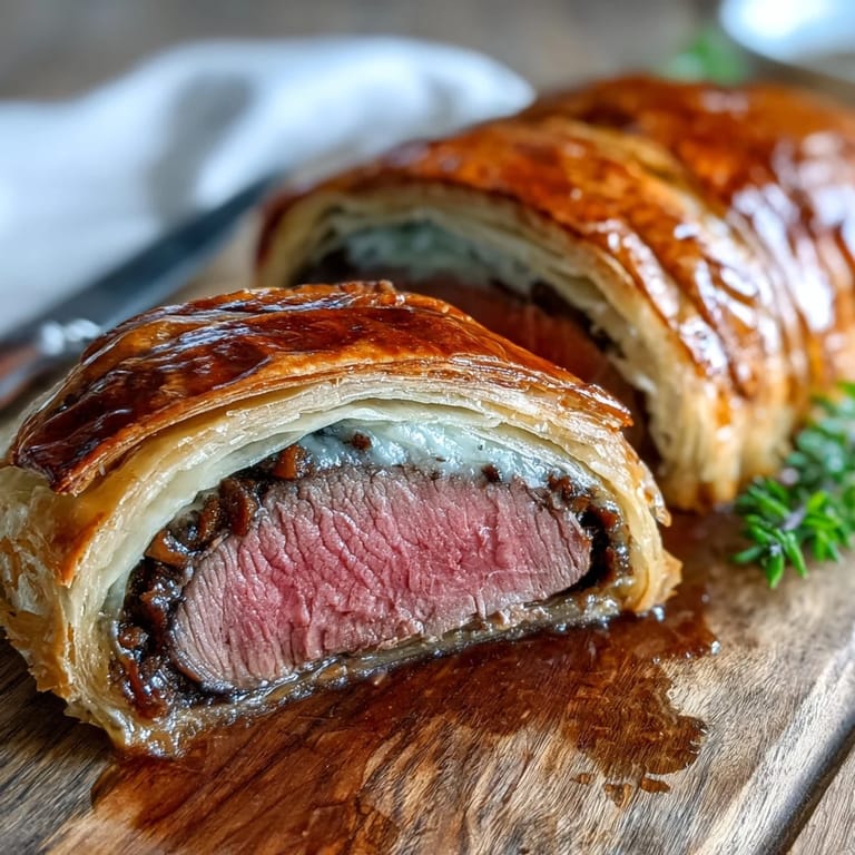 A close-up view of a home-cooked Beef Wellington, showcasing the rich mushroom duxelles and savory prosciutto inside.