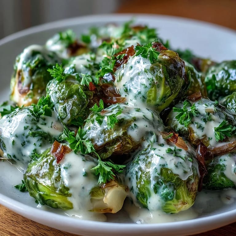 Tender Brussels sprouts coated in a creamy Dijon mustard sauce, finished with chopped onion and garlic for an aromatic, savory side dish.