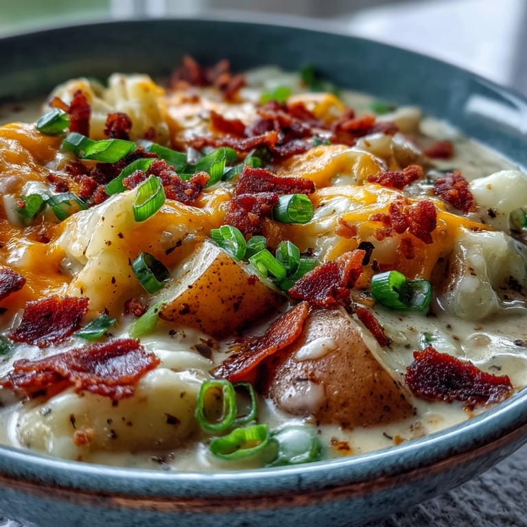 Creamy Loaded Potato Soup with rich cheddar and bacon, served hot with crusty bread for dipping.