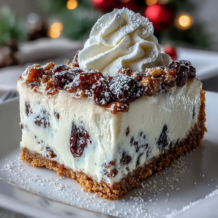 A slice of Christmas Cheesecake Slab reveals creamy spiced filling, tangy dried fruits, and a golden digestive biscuit crust.