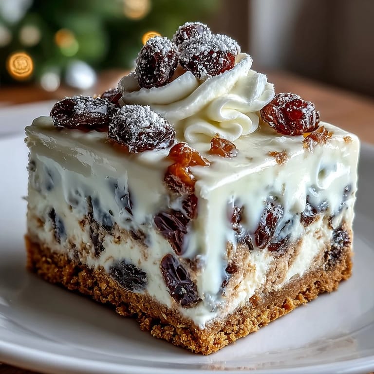 Festive Christmas Cheesecake Slab squares served with whipped cream on a white plate, ready for a holiday dessert spread.