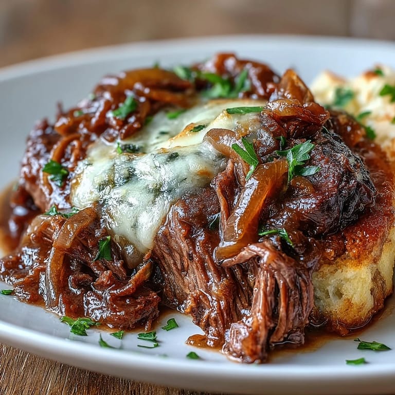 A fork lifts tender beef from Savory Crock Pot French Onion Pot Roast, with caramelized onions and thyme.