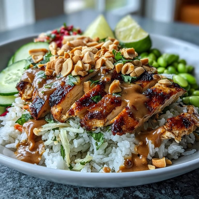 Succulent sliced chicken rests on fluffy coconut rice, joined by edamame and cucumber in this irresistible Coconut Rice Peanut Bowl.