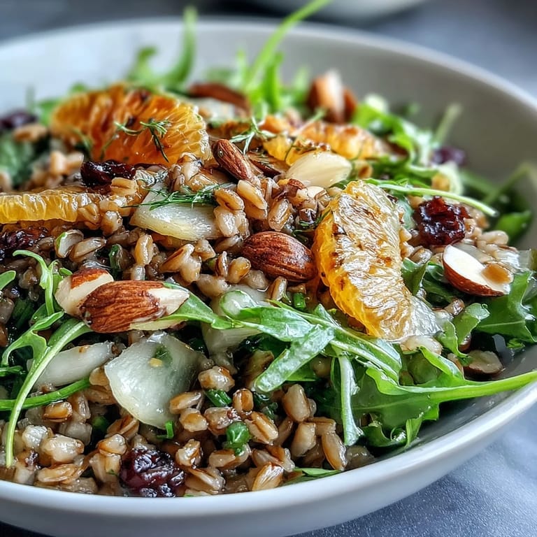 Colorful Farro Salad Bowl featuring crunchy fennel, sweet citrus, and toasted almonds, ready to serve.