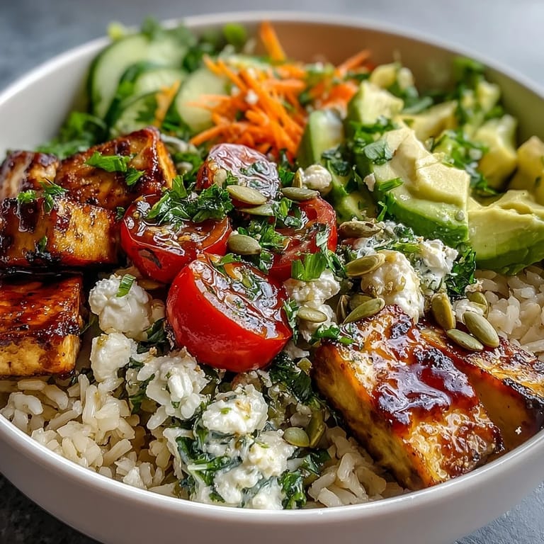 Simple grain bowl topped with grilled chicken, shredded carrots, red onion, and pumpkin seeds, ready for a quick lunch.