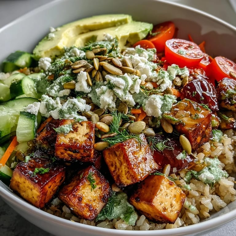 Simple grain bowl featuring quinoa, pan-seared tofu, fresh herbs, and feta, served with a vibrant lemon vinaigrette.