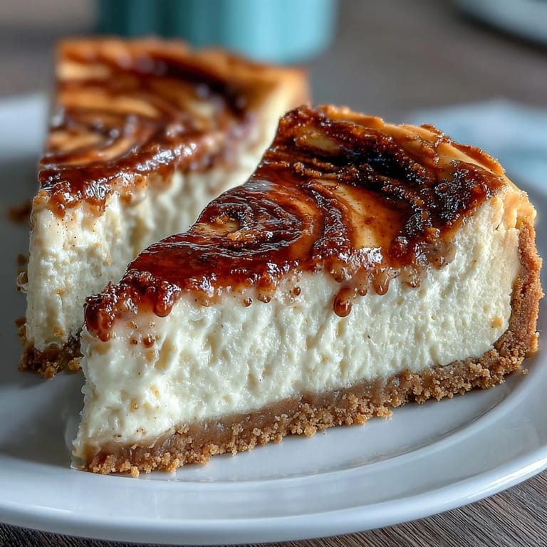 A rustic Hojicha Cheesecake served on a dessert plate, featuring a rich marbled interior and a crunchy crust.
