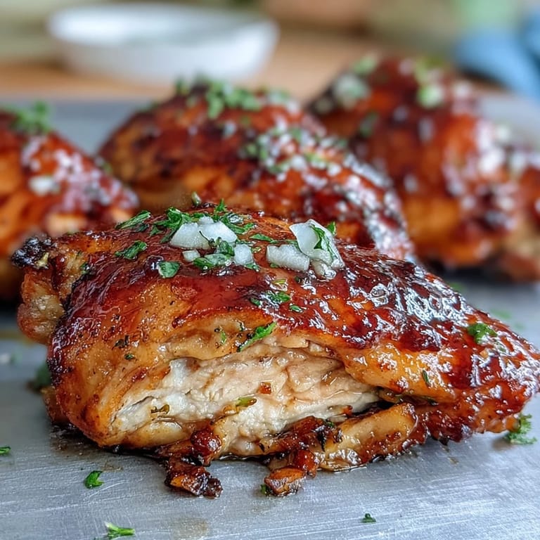 Juicy baked chicken thighs coated in a sweet honey garlic sauce, served with a sprinkle of fresh parsley and sesame seeds.