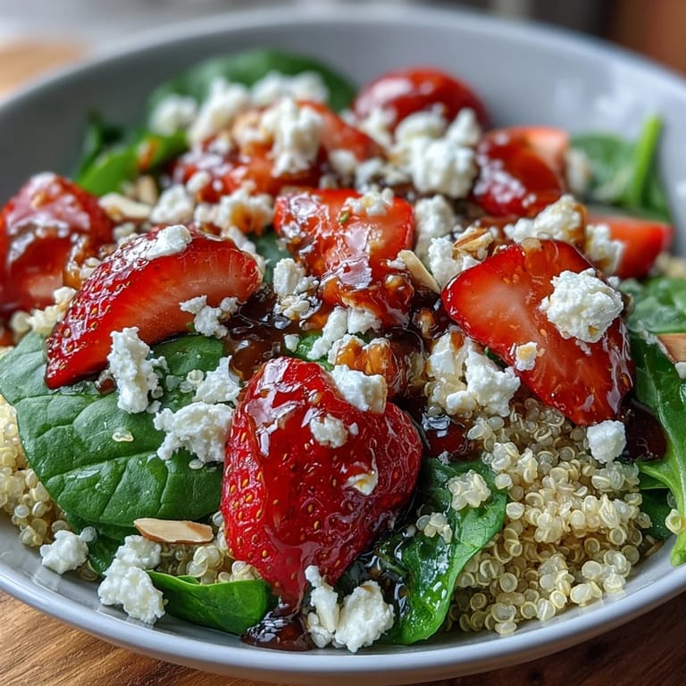 Healthy strawberry feta quinoa salad featuring juicy berries, creamy cheese, and crunchy almonds tossed in balsamic dressing.