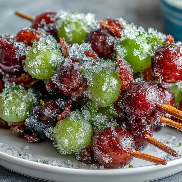 Vibrant frozen grape skewers coated in fragrant lime sugar, offering a crisp, tangy-sweet snack for any occasion.