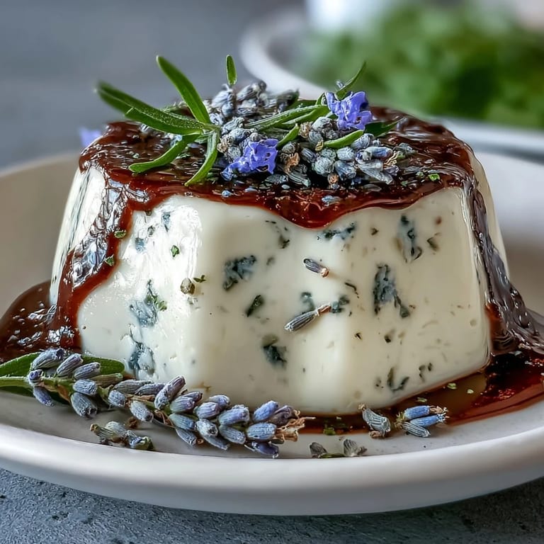 Elegant honey lavender panna cotta with silky texture, garnished with edible flowers for a spring dessert.