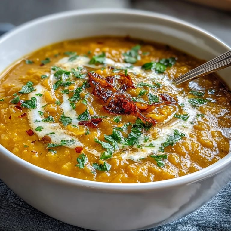 Creamy red lentil soup infused with turmeric and cumin, topped with a swirl of lemon juice and chopped cilantro, served with crusty bread.