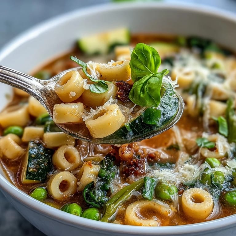 A colorful bowl of Spring Minestrone featuring zucchini, peas, spinach, and green beans, served with crusty bread for a hearty meal.