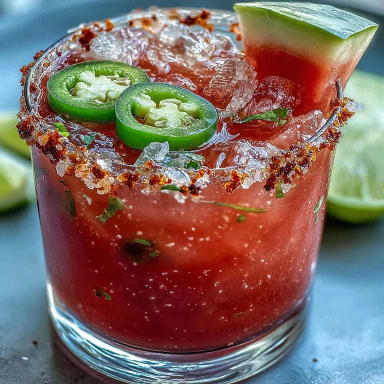 Refreshing, alcohol-free Watermelon Jalapeño Margarita Mocktail garnished with salt and lime wedges.