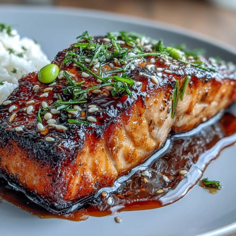 Fresh teriyaki salmon served over rice, with crisp vegetables, picture-perfect.