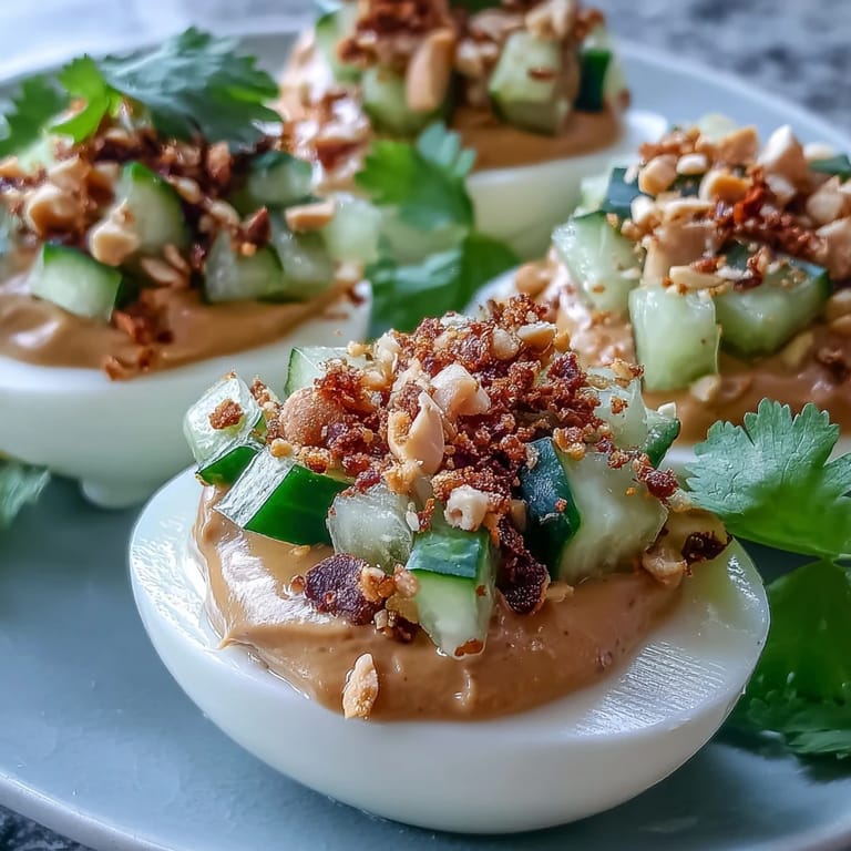 Glistening Thai Peanut Deviled Eggs topped with vibrant cucumber relish and crunchy peanuts.