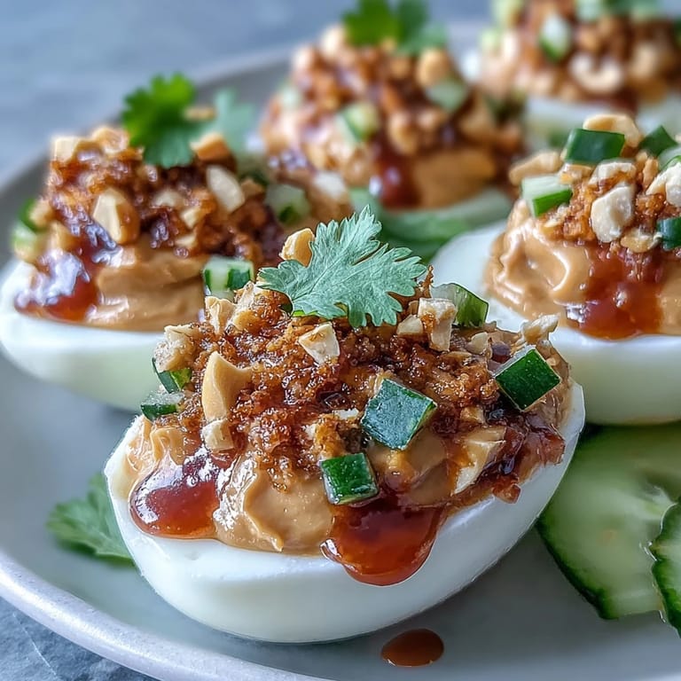 Mouthwatering Thai Peanut Deviled Eggs, a flavorful fusion appetizer perfect for gatherings.