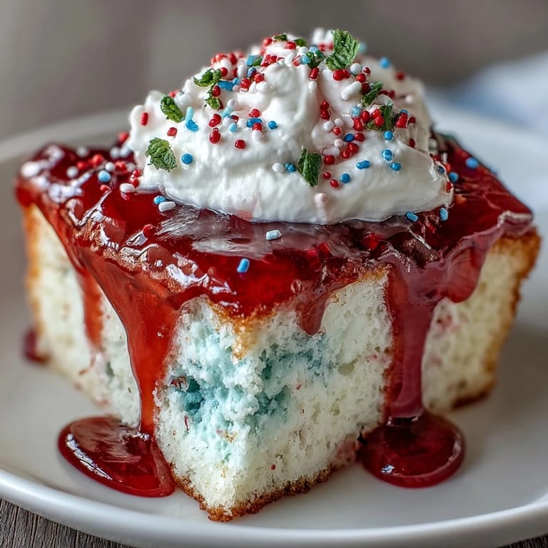 Celebrate with this easy red white blue poke cake, showcasing dessert's colorful, whipped topping finish.