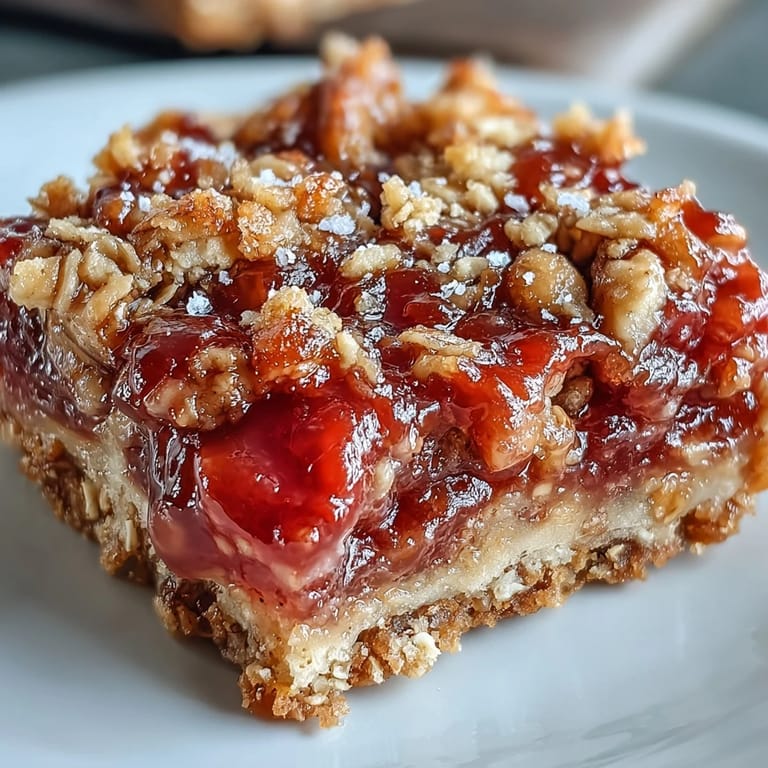Buttery, oat-topped Strawberry Rhubarb Crumble Bars cooling for slicing.