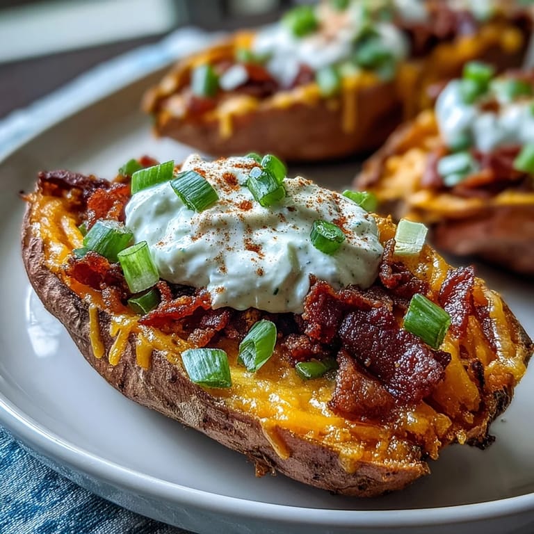 Golden-baked sweet potato skins stuffed with sharp cheddar, crumbled bacon, and fresh green onions.