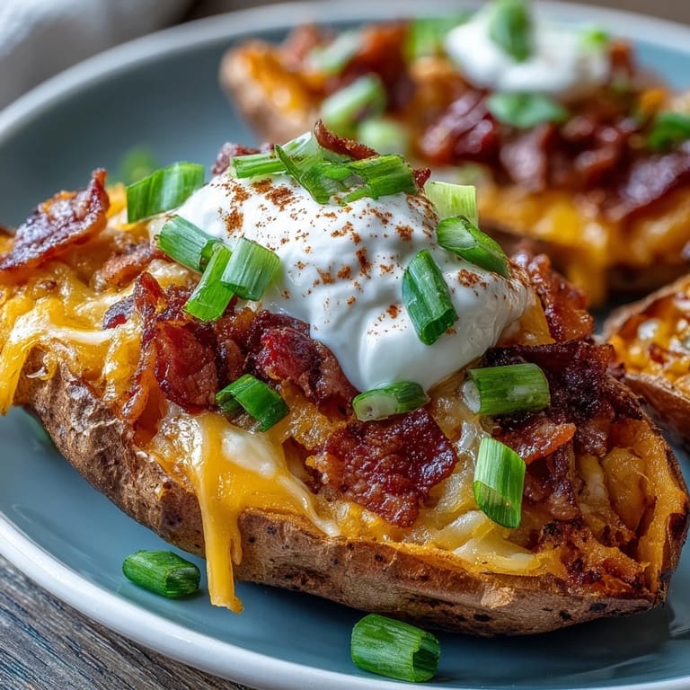 Twice-baked sweet potato skins filled with creamy cheese, crispy bacon, and tangy sour cream garnish.