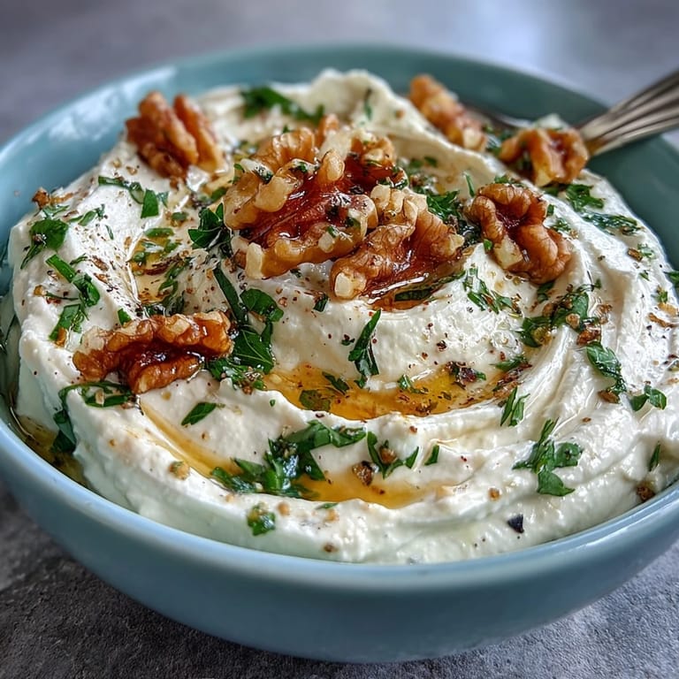 Tangy feta and cream cheese blended smooth, topped with honey, toasted walnuts, and zesty lemon, perfect for dipping crusty bread or crackers.