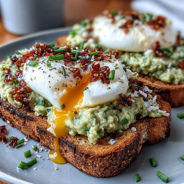 Golden poached egg resting on a bed of mashed avocado and toasted bread, finished with crunchy chili oil for bold flavor.