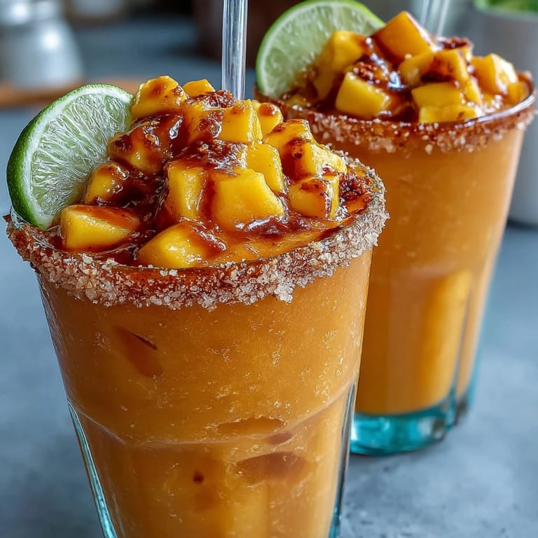 Festive Chamoyada recipe showing refreshing layered frozen mango, lime, and spicy rim.