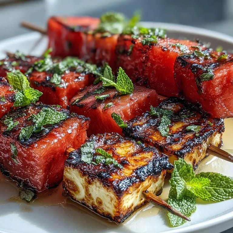 Salty halloumi and sweet watermelon skewers, grilled with cooling mint.