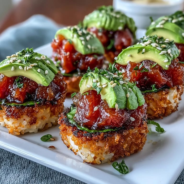 Viral appetizer made of crispy rice, spicy tuna, and fresh avocado.