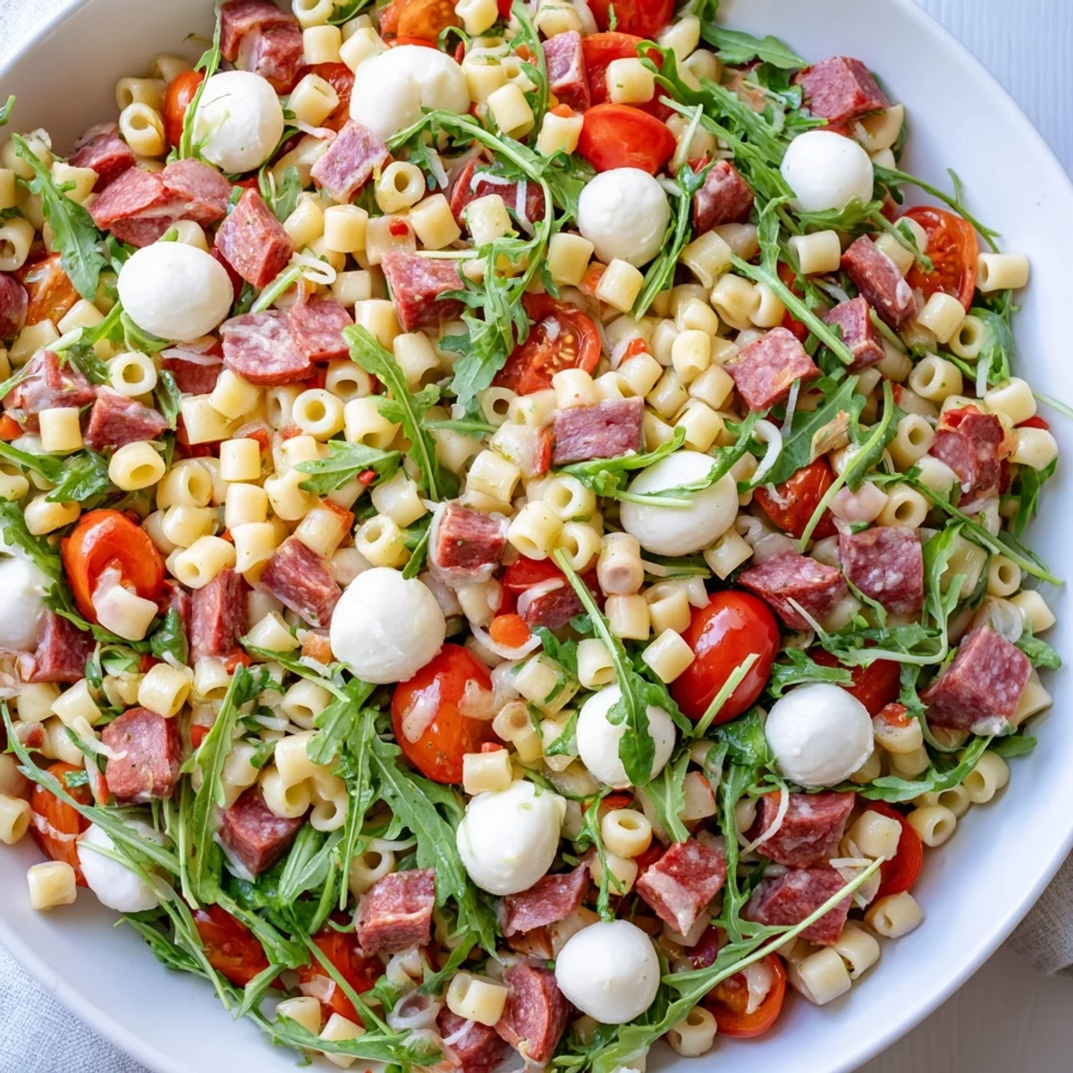 A close-up of vibrant Spring Antipasto Pasta Salad with ditalini, peppery arugula, creamy mozzarella, and sliced salami in a zesty red wine vinegar dressing.
