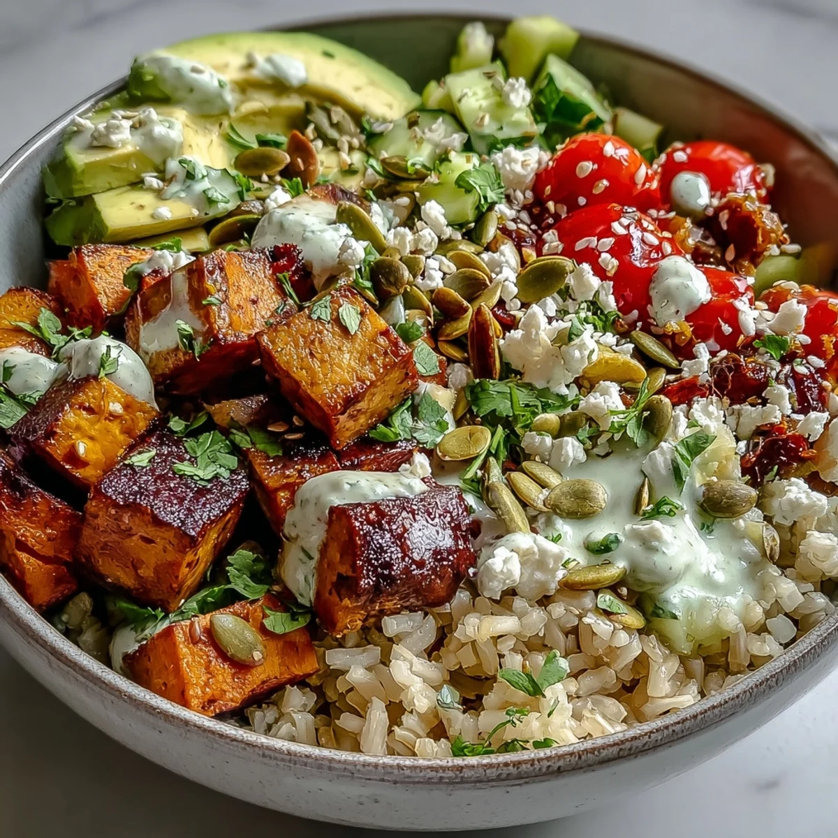A colorful Customizable Grain Bowl is loaded with fluffy quinoa, roasted sweet potato, and grilled chicken, all drizzled with creamy tahini dressing on top.