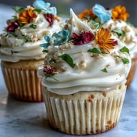 Delicate vanilla cupcakes topped with smooth buttercream frosting and vibrant edible spring flowers—a perfect floral dessert for celebrations.