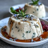 Silky honey lavender panna cotta with a delicate floral aroma, served in chilled glasses with fresh berries.