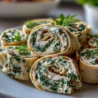 Turkey, cheese, and spinach tortilla pinwheels with creamy spread, rolled into colorful spirals perfect for parties.