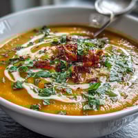 Vibrant turmeric lemon lentil soup in a white bowl, garnished with fresh parsley and lemon wedges, steam rising from the golden broth.