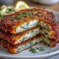 Crispy vegetarian cabbage schnitzel with golden-brown breaded crust, served with fresh parsley and lemon wedges.  