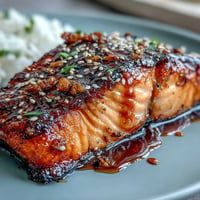Glazed salmon teriyaki bowl with fluffy rice, edamame, and cucumber.
