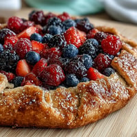 Rustic summer berry galette, golden almond crust bursting with sweet-tart fruit.